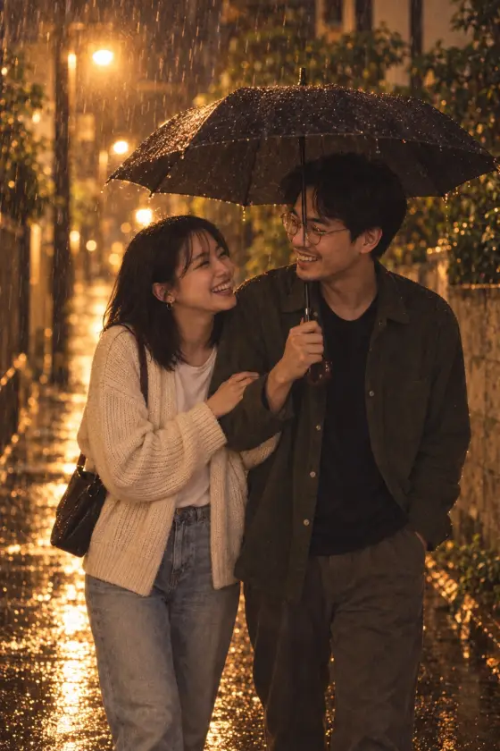 Two people sharing an umbrella on a rainy night